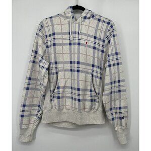 Champion Reverse Weave Hoodie Plaid All Over Print Mens Sz S Gray Blue